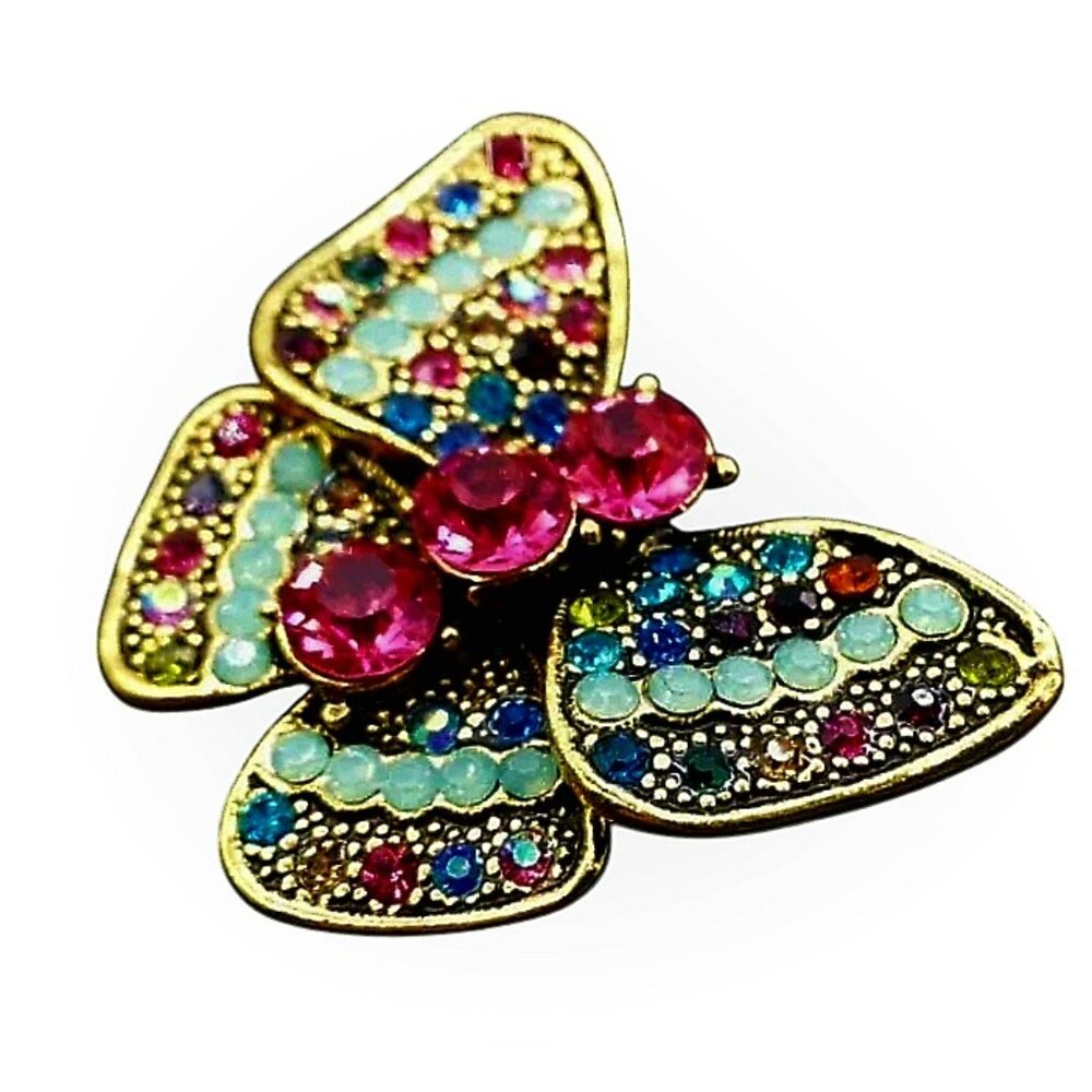 NWT Crystal Rhinestone Butterfly Brooch Vintage Look Colorful Pink Green Blue